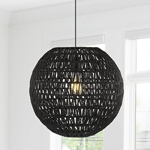 JONATHAN Y 15.75" Black 1-Light Modern Bohemian Woven LED Pendant Light, Adjustable Hanging Ceiling Lamp for Kitchen Island Dining Room, Paper Wicker Shade, Bulb Included (JYL6503C) - color: Black