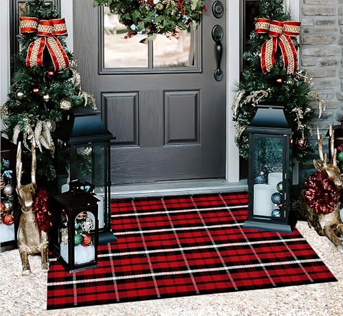 Christmas Door Mats Outdoor Rug 24'' x 35''Black and Red Outdoor Machine Washable Welcome Mats Cotton Hand-Woven Entryway Rug for Front Porch/Entryway/Laundry/Bathroom/Bedroom - color: Black Red, size: 24''x 35''