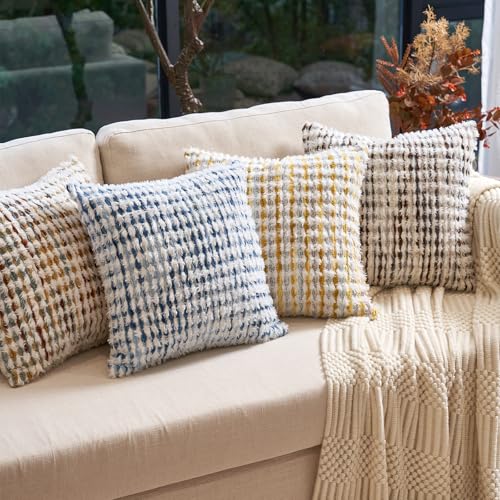 Aeckself Boho Chenille Tufted Pillow Cover 20x20 Inch, Decorative Square Throw Pillow Cover Neutral Pillowcase for Couch Bedroom Living Room, Blue White - color: Blue White, size: 20" x 20" (Pack of 1)