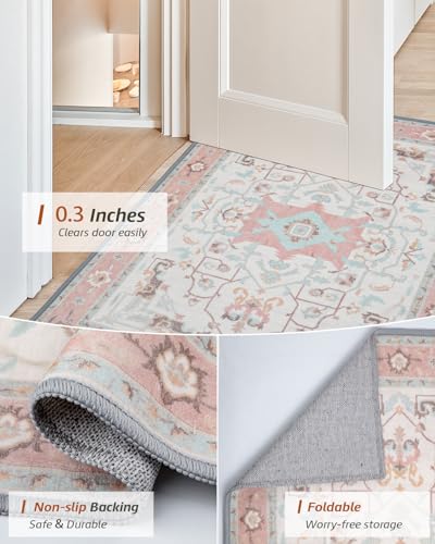 MINIDEAR 2x6 Runner Rugs for Entryway, Kitchen Rug, Washable Rugs for Bedroom Non Slip Vintage Rug with Floral Print Carpet Mat for Home, Pink - color: Pink, size: 2' x 6' (Rectangular)