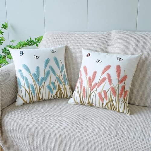 vctops Farmhouse Pampas Grass Cotton Tufted Throw Pillow Cover Boho Embroidery Pillowcase Soft Square Cushion Case for Sofa Couch Bed Chair (Dark Pink,18"x18") - color: Dark Pink