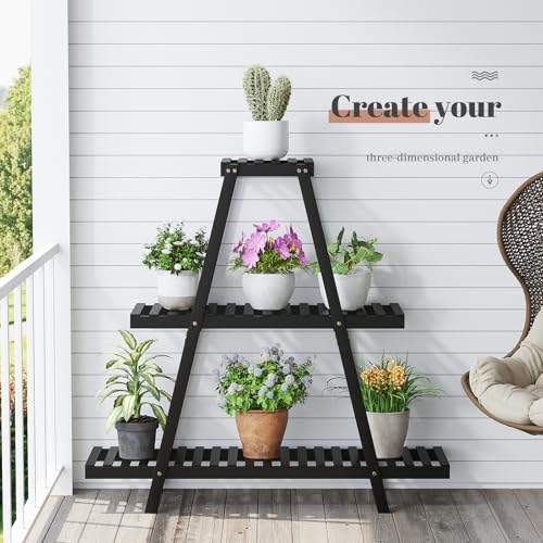 STDDRE Plant Stand For Indoor Outdoor Tiered Plant Shelf 3 Tier 8 Potted Bamboo Flower Holder Ladder Rack For Multiple Triangle Table Plant Pot Stand (Black) - color: Black