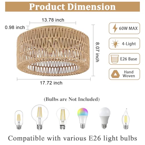 Rattan Light Fixtures Ceiling Mount,4-Lights Boho Flush Mount Ceiling Light with Hand-Woven Shade, 18''Rattan Farmhouse Chandelier for Hallway Bedroom Kitchen Farmhouse Foyer Entryway (Gold) - color: Gold, size: Large