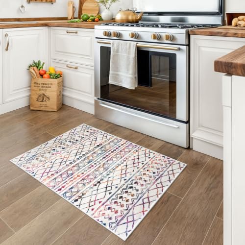 KUTA Moroccan Rugs for Entryway, 2x3 Multi-Color Area Rug Non-Slip Washable Small Indoor Door Mat, Ultra Soft Vintage Geometric Low-Pile Floor Carpet for Entrance, Kitchen - color: Cream/Multi-color, size: 2' x 3' (Rectangular)