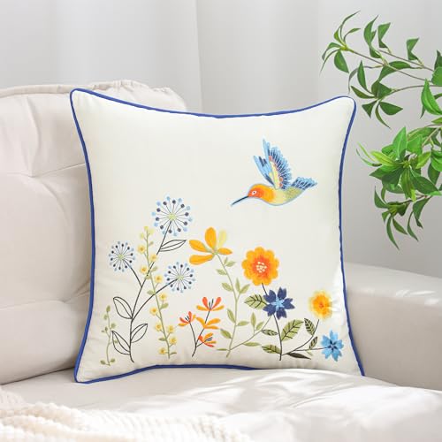 LUOYEHK Embroidered Throw Pillow Covers 18x18 Inch Set of 2 Blue Retro Flowers Birds Decorative Pillow Covers Spring Summer Flora Pillowcase Cushion Cover for Couch Sofa Bed Home Decor - color: Blue Yellow Flowers Bird