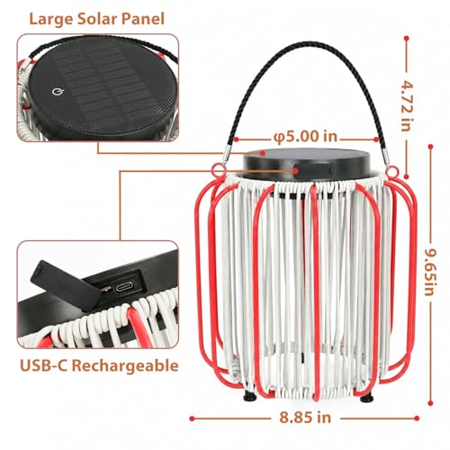 Solar Lanterns Outdoor Waterproof, Wicker Rattan Table Lamp with Iron Protective Frame, Rechargeable Hanging Lantern 30H+ Runtime, Dual USB-C/Solar, 3 Modes, IP54 – Patio Boho Decor Light