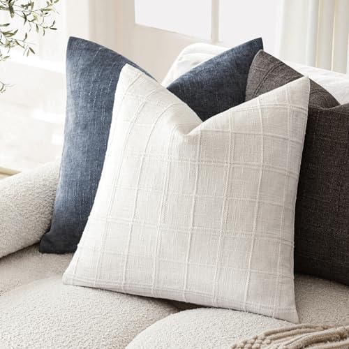Foindtower Set of 1 Decorative Linen Check Throw Pillow Cover Neutral Farmhouse Vintage Cushion Cover Modern Boho Home Decor for Sofa Chair Couch Bedroom Living Room Outdoor,16×16 Inch,Cream White - color: White, size: 16" x 16" (Pack of 1)