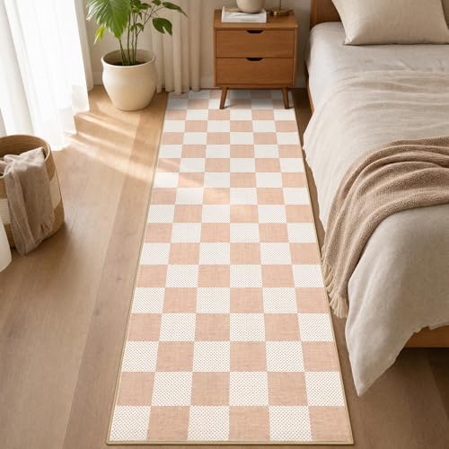 GarveeHome Checkered Blush Beige Neutral 2x6 Washable Kitchen Runner Rug Geometric Modern Soft Low-Pile Stain Resistant Rug for Bedroom Hallway Entryway Nursery Non-Slip TPE Backing - color: Blush Beige, size: 2' x 6' (Rectangular)