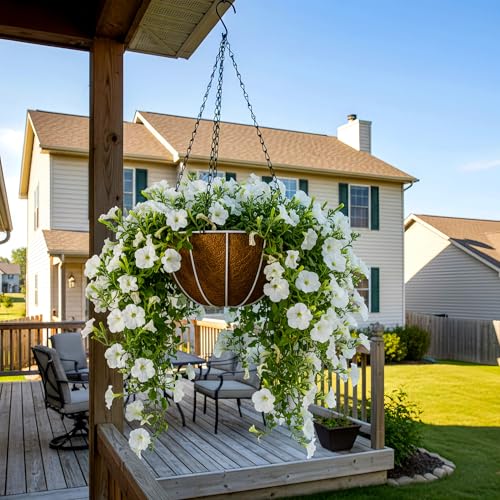 HOSY 2-Pack 12-in Hanging Metal Planter Baskets with Coconut Fibre Liner | Round Wire Planter, White, Openwork Stripes-Shaped Design, 12-in Diameter, Includes Chain & Hook, Tool-Free Hanging Setup - color: Stripes - White