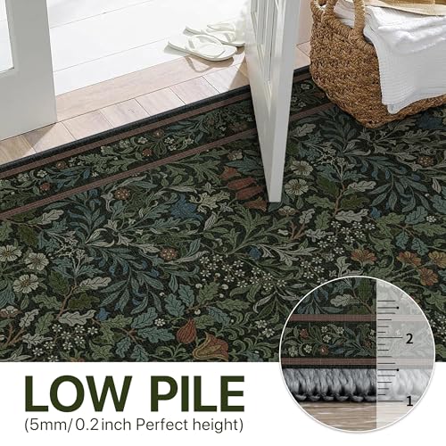 Bavni 2x4 Small Area Rug Machine Washable Non Slip, Vintage Floral Throw Rug, Low Pile Thin Lightweight Carpet for Entryway, Hallways, Kitchen and Bathroom, Dark Green - color: Dark Green, size: 2' x 4' (Rectangular)