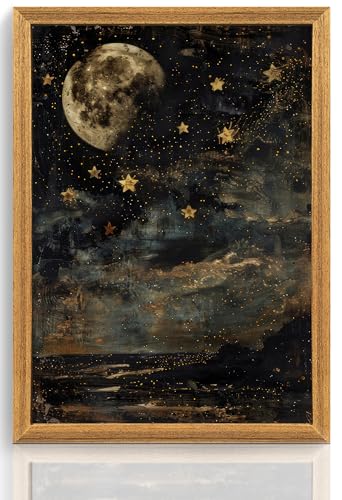 ICHZUMW Moon and Stars Celestial Canvas Wall Art, Mystical Moody Night Sky Poster Prints, Vintage Witchy Dark Academia Wall Decor, Framed Eclectic Gothic Home Decor for Desk Bedroom Bathroom, 16x24in - color: Moonlit Stars, size: 24"L x 16"W