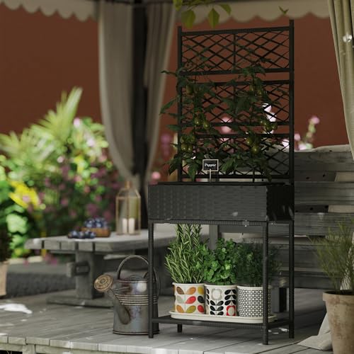 Outsunny Raised Garden Bed with Trellis, Outdoor Wicker Planter, Freestanding Rattan Planter Stand with Storage Shelf for Climbing Plants, Flowers, Herbs, Vegetables, Black - color: Black