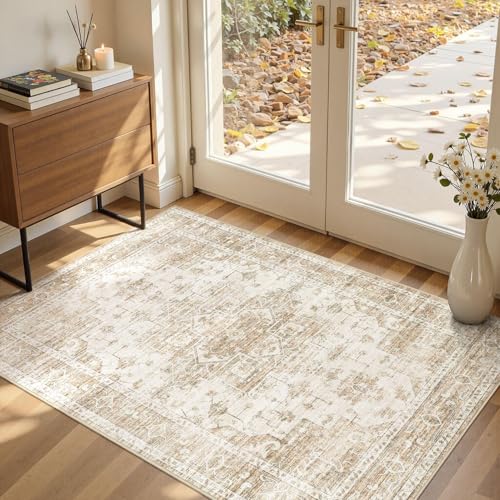 Washable Area Rugs 3x5, Soft Large 3x5 Rugs for Living Room Non-Slip Vintage Beige Indoor Carpet Stain Resistant Rugs for Dining Room Bedroom Nursery Kid & Pet Friendly - color: Beige, size: 3' x 5' (Rectangular)