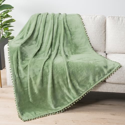 PAVILIA Fleece Throw Blanket for Couch with Pom Pom Fringe, Sage Light Green, Soft Cozy Fuzzy Flannel Blanket for Sofa Bed, Lightweight Plush All Season Throw, 50x60 Inches - color: Sage Green, size: 50"x60"