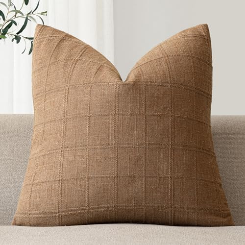 Foindtower Set of 1 Decorative Linen Check Throw Pillow Cover Neutral Farmhouse Vintage Cushion Cover Modern Boho Home Decor for Sofa Chair Couch Bedroom Living Room,16×16 Inch,Brick - color: Brick, size: 16" x 16" (Pack of 1)