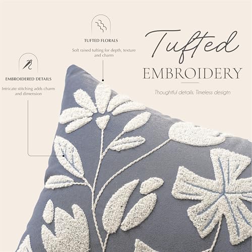 BlissBlush Decorative Lumbar Pillow Cover 12x20, Dusty Blue Accent Velvet Throw Pillowcase for Couch Sofa Living Room, Floral Tufted Rectangular Cushion, Cover Only - color: Dusty Blue, size: 20" x 12" (Pack of 1)