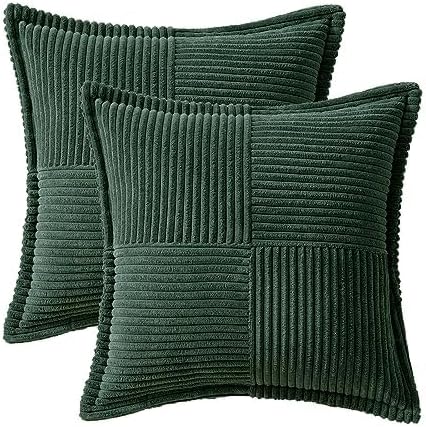 MIULEE Decorative Euro Sham Throw Pillow Covers for Couch Bed Livingroom 26x26 Inch Set of 2 Dark Green Boho Accent Throw Pllows Broadside Striped Patchwork Soft Corduroy Pillowcases