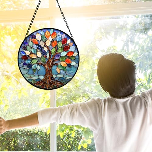 DASTOLL Stained Glass Window Hanging, Colorful Tree of Life Sun Catchers Glass Panel Blue Suncatcher Decor for Birthday for Women, Men, Wife, Aunt, and Mom 9.8 in - color: Colorful, size: 9.8x9.8 IN