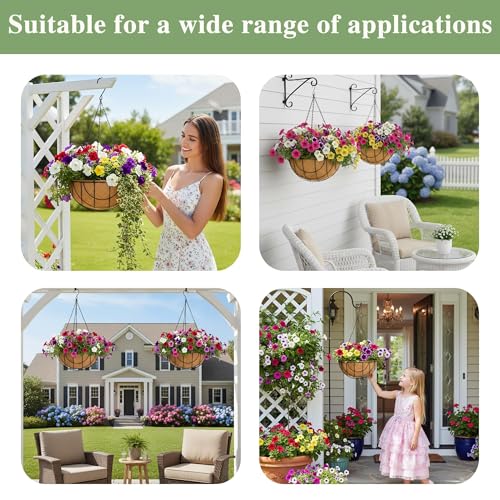 EIMQUVW Outdoor Metal Hanging Planters Basket (4pack, 14 inch) Hanging Baskets for Plants Chain Round Wire Plant Holder with Coco Fiber Liners for Garden, Patio, Deck, Porch(Grid)