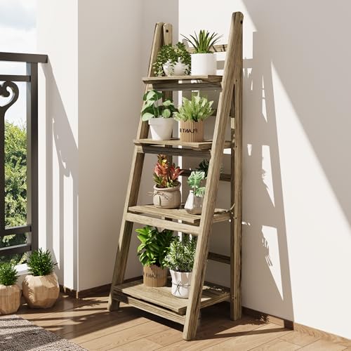Ladder Shelves - Folding Wooden Ladder Bookshelf, 4-Tier Retro Plant Stand Storage Shelves for Home Living Room, Light Brown - color: Light Brown
