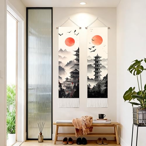 seewan 2 Pack Long Vertical Wall Tapestry, Boho Nature Landscape & Floral Aesthetic Wall Hanging for Bedroom Living Room Home Decor, Long Narrow Art Tapestry with Sunrise Mountain Botanical Designs, 13" × 51" (Zen Pagoda Twilight, 13"Wx51"H, Unframed) - c