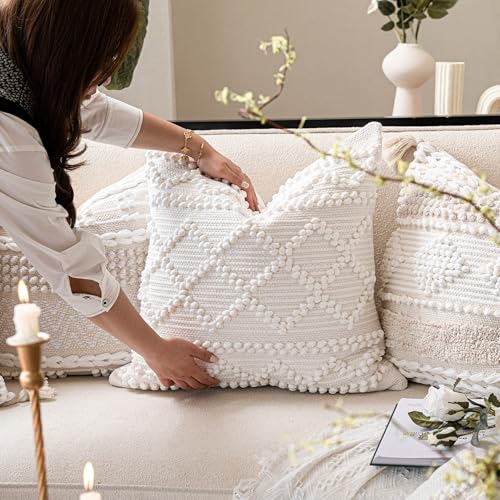 BlissBlush Pure White Decorative Throw Pillow Cover 20X20, Boho Accent Pillow for Couch, Square Modern Farmhouse Pillowcase for Living Room Couch Sofa Cushion Home Décor (Pack of 1) - color: White, size: 20" x 20" (Pack of 1)