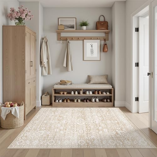 Soalmost 3x5 Area Rugs for Entryway,Washable Vintage Low Pile Non-Slip Throw Area Rugs, Accent Rug Floral Print Indoor Mat for Bedside Living Room Kitchen Bedroom Beige - color: Beige, size: 3' x 5' (Rectangular)