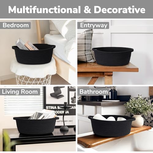 Goodpick Small Woven Basket, Baskets for Gifts Empty, Baby Basket with Handles, Black Baskets for Organizing, Dog Toy Basket, Rope Baskets for Storage, 12" x 8" x 5" - color: Pure Black, size: 12x8x5 Inch (Pack of 1)