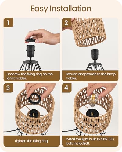 Rattan Table Lamp, Boho Table Lamp, Small Bedside Lamp, Handwoven Paper Lampshade, 2700K LED Bulb Included, Boho Desk Lamp, Modern Nightstand Lamp for Bedroom, Living Room, HW06TL05 - color: Mesh + Black