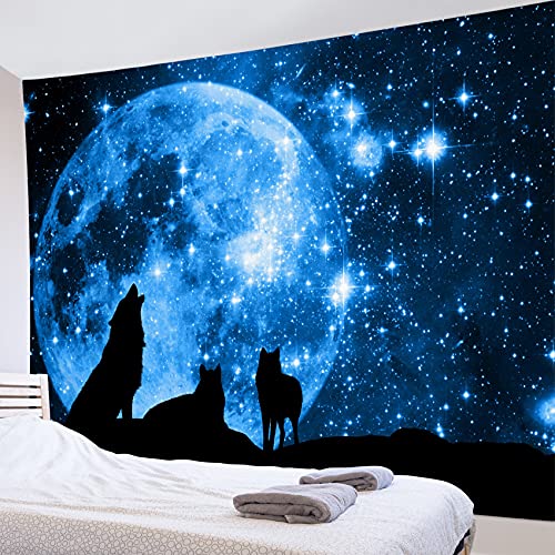 HVEST Wolf Tapestry Wall Hanging Full Moon in Blue Space Tapestries Wild Animal Wolves Wall Decor Blanket for Kids Bedroom Living Room Dorm Party (48X36) - color: Blue, size: 36"L x 48"W