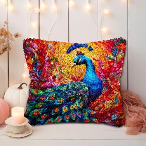 Colorful Peacock DIY Latch Hook Pillow Kits for Adults Printed Pillowcase Crochet Yarns Hooking Handmade Pillow Cover Cushion for Home Sofa Decoration 17x17inch - color: 09-Peacock