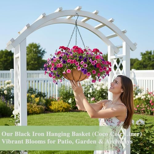 EIMQUVW Outdoor Metal Hanging Planters Basket (4pack, 16 inch) Hanging Baskets for Plants Chain Round Wire Plant Holder with Coco Fiber Liners for Garden, Patio, Deck, Porch - size: 16 Inch