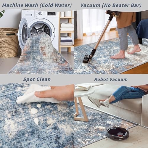 2x8 Washable Non-Slip Hallway Runner Rug – Modern Coastal Abstract Neutral Stain-Resistant Low-Pile Carpet Runner for Kitchen Entryway Bedroom Bathroom (Blue Rust,2x8) - color: Blue Rust, size: 2' x 8' (Rectangular)