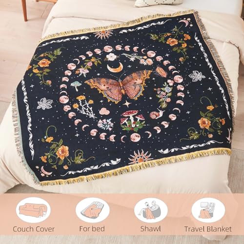 Boho Throw Blanket Reversible Cotton Bohemian Tapestry Hippie Room Decor Outdoor Blanket Double Sided (Black Butterfly 50"x60") - color: Black Butterfly, size: 50*60 inch