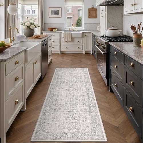 PureCozy Gray Runner Rug 2x6 Hallway Machine Washable Kitchen Vintage Distressed Non Slip Long Carpet Indoor Grey Retro Floral Bedroom Accent Throw Rug for Bathroom Office Laundry Dining Living Room - color: Accent | Grey, size: 2' x 6' (Runner)