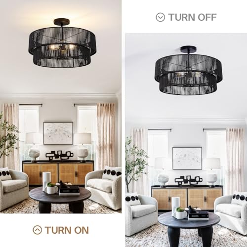 Black Boho Rattan Chandelier 23.6'' Hand Woven Chandelier Light Fixture 3-Light Farmhouse Drum Pendant Light for Dining Room Bedroom Kitchen Hallway Foyer - color: 23.6" Black Rattan
