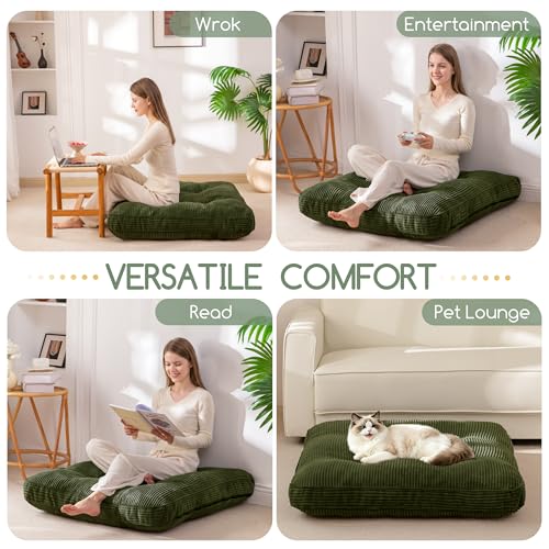 HIGOGOGO 35" Floor Pillow Cushion for Adults, Meditation Cushion Pillow, Extra Large Square Floor Sitting, Tufted Corduroy Cover for Tatami Living Room or Yoga, Dark Green - color: Dark Green, size: 4" Thick Square