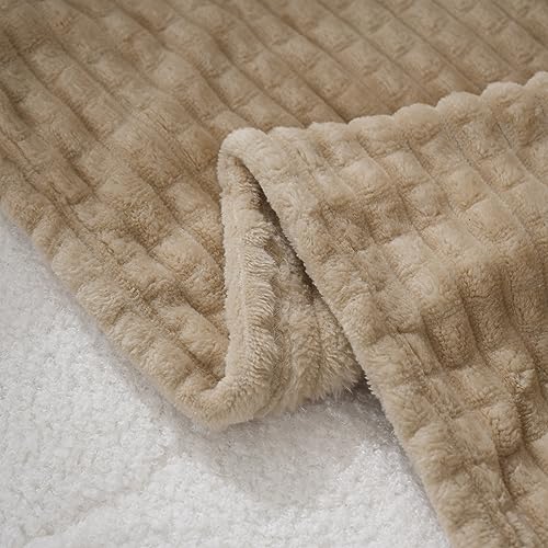 Puncuntex Flannel Fleece Beige Throw Blanket 50"×60",Super Soft Plush Cozy Blanket with 3D Jacquard Square Grid Design Luxury for Couch Sofa Chair,Khaki - color: Khaki, size: 50"×60"