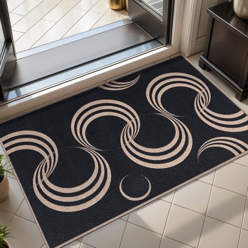 Tangsoo Easy Jute Rug for Entryway,2x3 Outdoor Washable Thin Rug Non-Slip Black Geometric Indoor Entry Mat Small Throw Carpet for Kitchen Bedroom Front Porch Doorway - color: Black Arc, size: 2x3ft