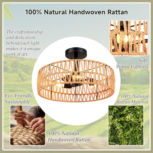 Hamilyeah Boho Woven Flush Mount Ceiling Light Fixture, 16 inch Rattan Light Fixture Ceiling Mount for Living Room, Bedroom, Kitchen - color: Black 16INCH Semi Ceiling Light