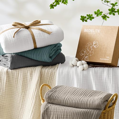 BEDELITE 100% Cotton Muslin Blankets for Adults - 4-Layer King Size Breathable and Lightweight Gauze Blanket for Couch, Bed, Travel and Summer, Soft & Cozy Gift for Women, Beige, 108"x90" - color: Beige, size: King(108"x90")