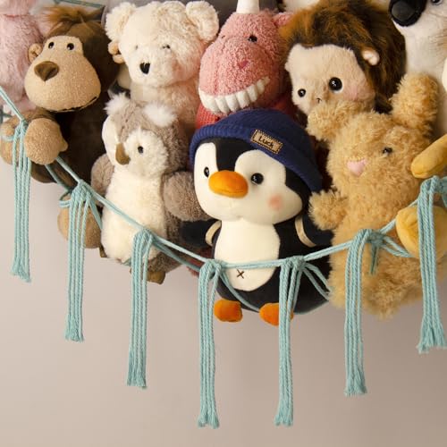 Stuffed Animal Hammock-Large Stuffed Animal Net For Toys Corner-Hanging Stuff Animal Toy Storage Organizer For Plush Plushie Display Light Blue Girl Room Bedroom Boho Nursery Decor Toy Storage - color: LightBlue, size: Standard(41.5"L x 55.2"W x 41.5"H)