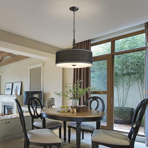 Shrine Lighting Drum Chandeliers, Farmhouse Style, Perfect Drum Pendant Light for Dining Room, D21'' x H8'', Adjustable Chains 59'', E26*3 Sockets, Black Linen Fabric Lampshade & Black Rod - color: Black D20''