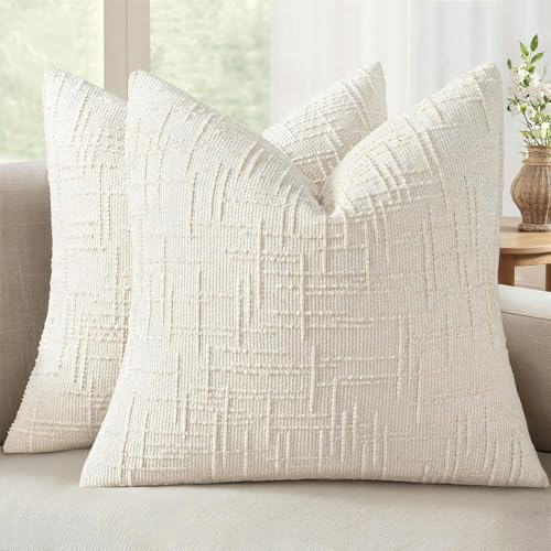 MIULEE Textured Throw Pillow Covers Thick Chenille Decorative Pillows Cream White 16x16 Inch Set of 2 Modern Boho Farmhouse Home Decor Neutral Cushion Covers for Couch Sofa Living Room Bedroom - color: Cream White, size: 16" x 16" (Pack of 2)