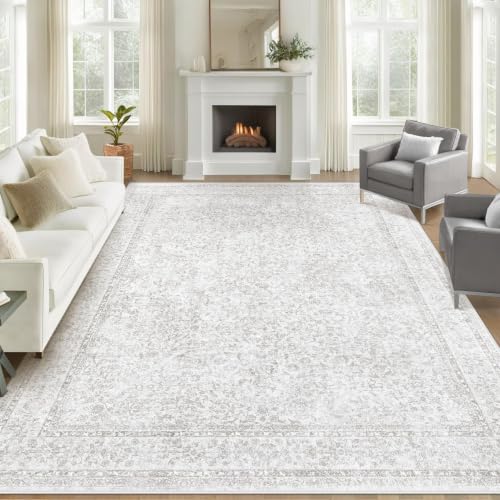 9x12 Area Rugs for Living Room: Washable Large Vintage Floral Rug Low Pile Non-Slip Boho Carpet for Bedroom Home Office Dining Room (Floral Grey, 9'x12') - color: Floral Grey, size: 9' x 12' (Rectangular)