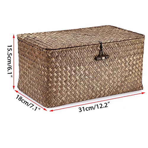 Hipiwe Wicker Shelf Baskets Bin with Lid, Handwoven Seagrass Basket Storage Bins Rectangular Household Basket Boxes for Shelf Wardrobe Home Organizer, Coffee Medium - color: Coffee, size: Medium