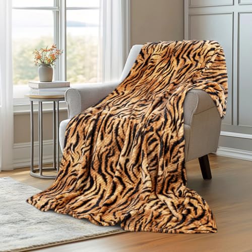 MACEVIA Flannel Fleece Throw Blanket for Couch, Brown Tiger Print Blanket, Fuzzy Cozy Comfy Super Soft Fluffy Plush Animal Print Blankets for Bed Sofa, Suitable for All Seasons (Tiger,50x60inches) - color: Tiger Print 01, size: Flannel Fleece (50x60 IN)