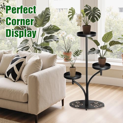3 Tier Metal Plant Stand Indoor Outdoor, Tall Black Plant Shelf, Heavy-duty Base in the Shape of a Four-leaf Clover, Tiered Modern Corner Shelf, Suitable for Courtyard, Patio, Living Room, Bedroom - size: 3Tirer-1Pack