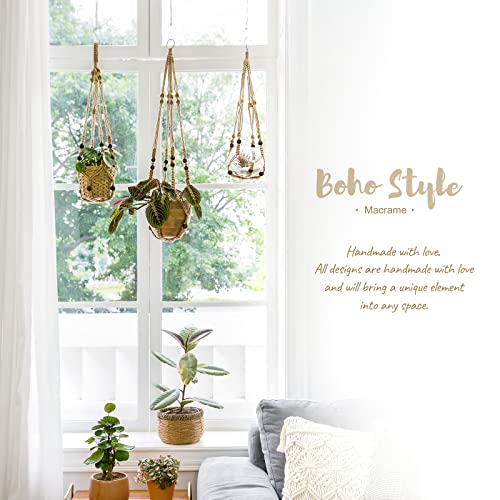 Mkono Macrame Plant Hanger Indoor Jute Hanging Planter Basket with Wood Beads Decorative Flower Pot Holder No Tassels for Indoor Outdoor Boho Home Decor 35 Inch, Brown, Set of 1 (POTS NOT Included) - color: Brown