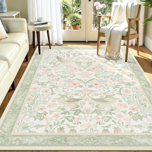 8'x10' Area Rugs Washable,Green Rug for Living Room Bedroom Dining Room,Large Boho Farmhouse Botanical Bohemian Distressed Oriental Carpet Non Slip,Sage Floral Bird - color: Green Floral Bird, size: 8'x10'